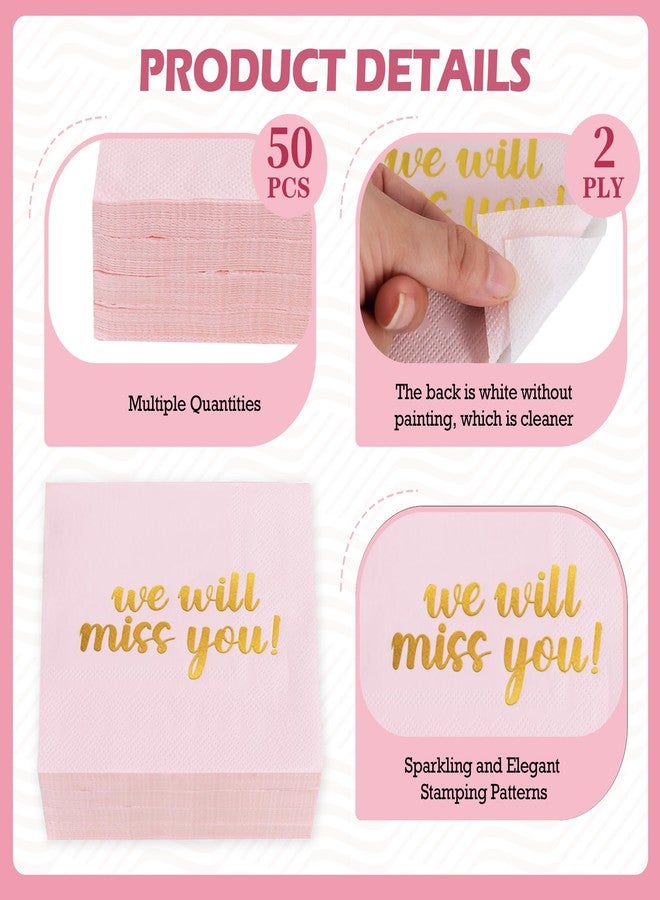 Vuzvuv 50 Pack We Will Miss You Cocktail Napkins - Farewell Party Decorations for Coworkers Leaving, Retirement,Graduation, Military Goodluck & Moving Celebrations(5" Folded 2 Ply-Pink) - Image 3